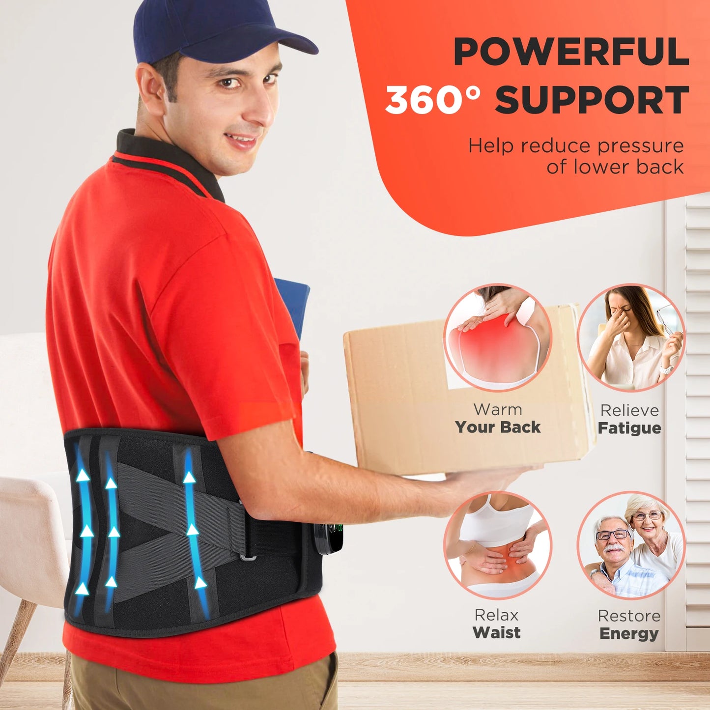 Heating Vibration Massager Belt, Red Light Hot Compress Waist Support Brace Waist Back Massage Lumbar Support Belt Health Care