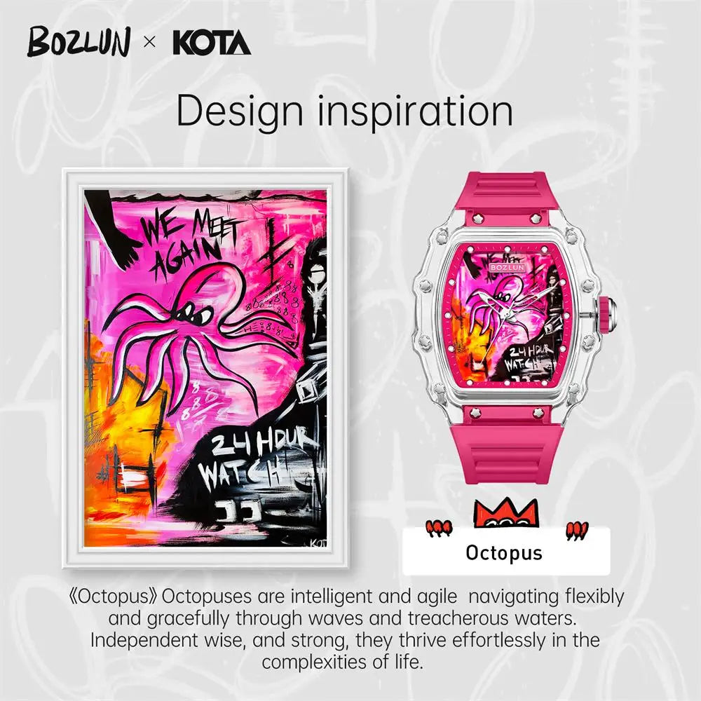 BOZLUN Funny Creative Vitality Dial Wristwatch For Men Women Fashion Movement Mechanical Watch Personalized Comic Octopus Watch