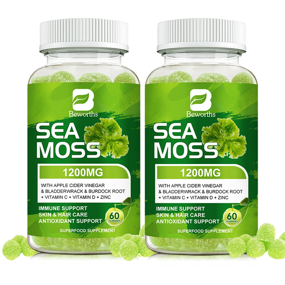 BEWORTHS Natural Irish Sea Moss Gummies with Bladderwrack & Burdock Vegetarians Gummies Support Immunity,Gut and Overall Health