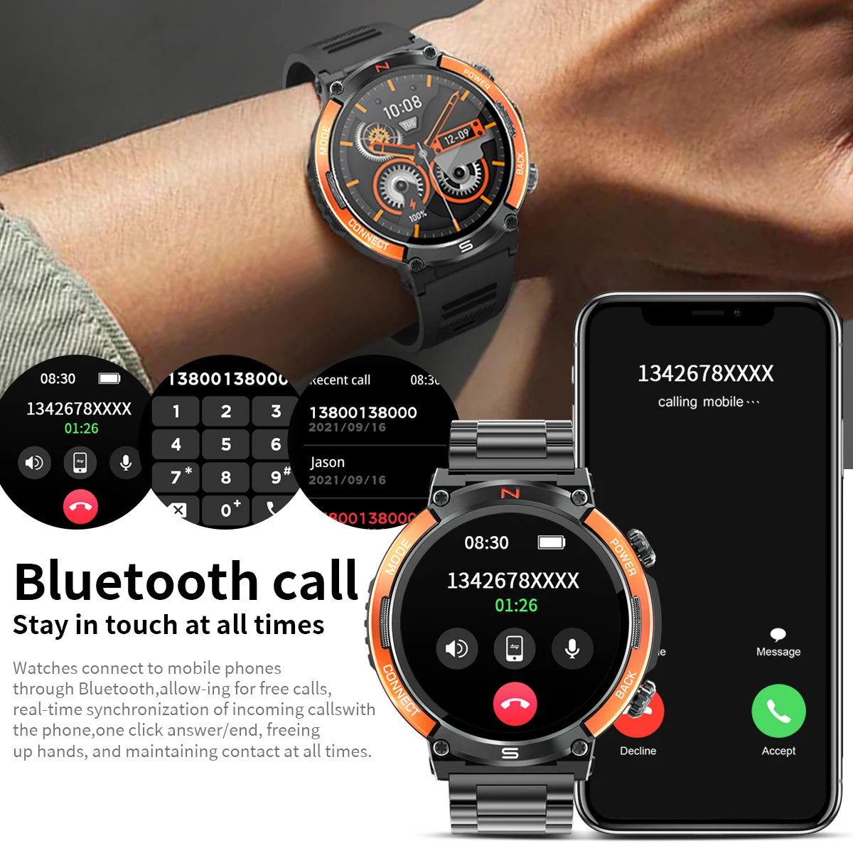 LIGE New 1.52 Inch Screen Bluetooth Call Smartwatch Men Compass Heart Rate Blood Oxygen Monitor 420MAH Long Standby Sports Watch