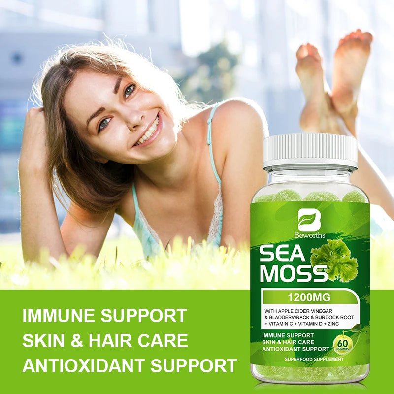 BEWORTHS Natural Irish Sea Moss Gummies with Bladderwrack & Burdock Vegetarians Gummies Support Immunity,Gut and Overall Health