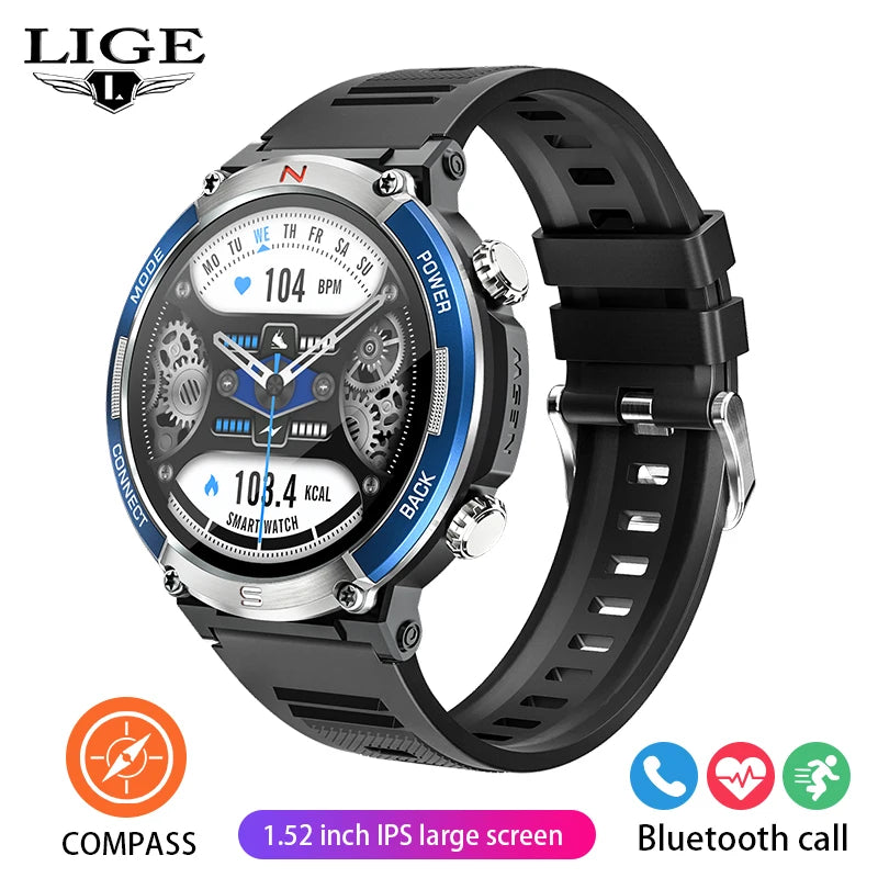 LIGE New 1.52 Inch Screen Bluetooth Call Smartwatch Men Compass Heart Rate Blood Oxygen Monitor 420MAH Long Standby Sports Watch