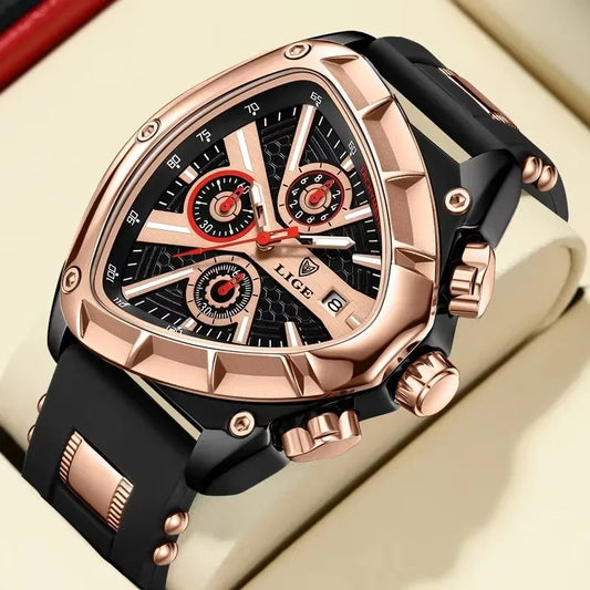 LIGE New Mens Watches Creavtive Triangle Quartz Wristwatch Luminous Pointers Military Rubber Strap Watch Men Waterproof Clock