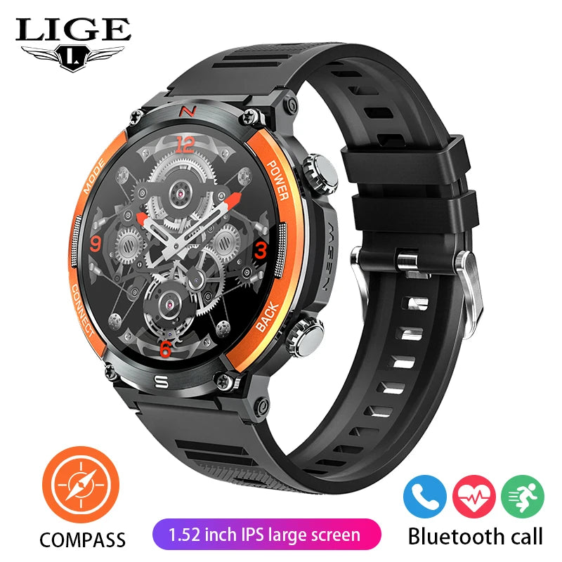 LIGE New 1.52 Inch Screen Bluetooth Call Smartwatch Men Compass Heart Rate Blood Oxygen Monitor 420MAH Long Standby Sports Watch