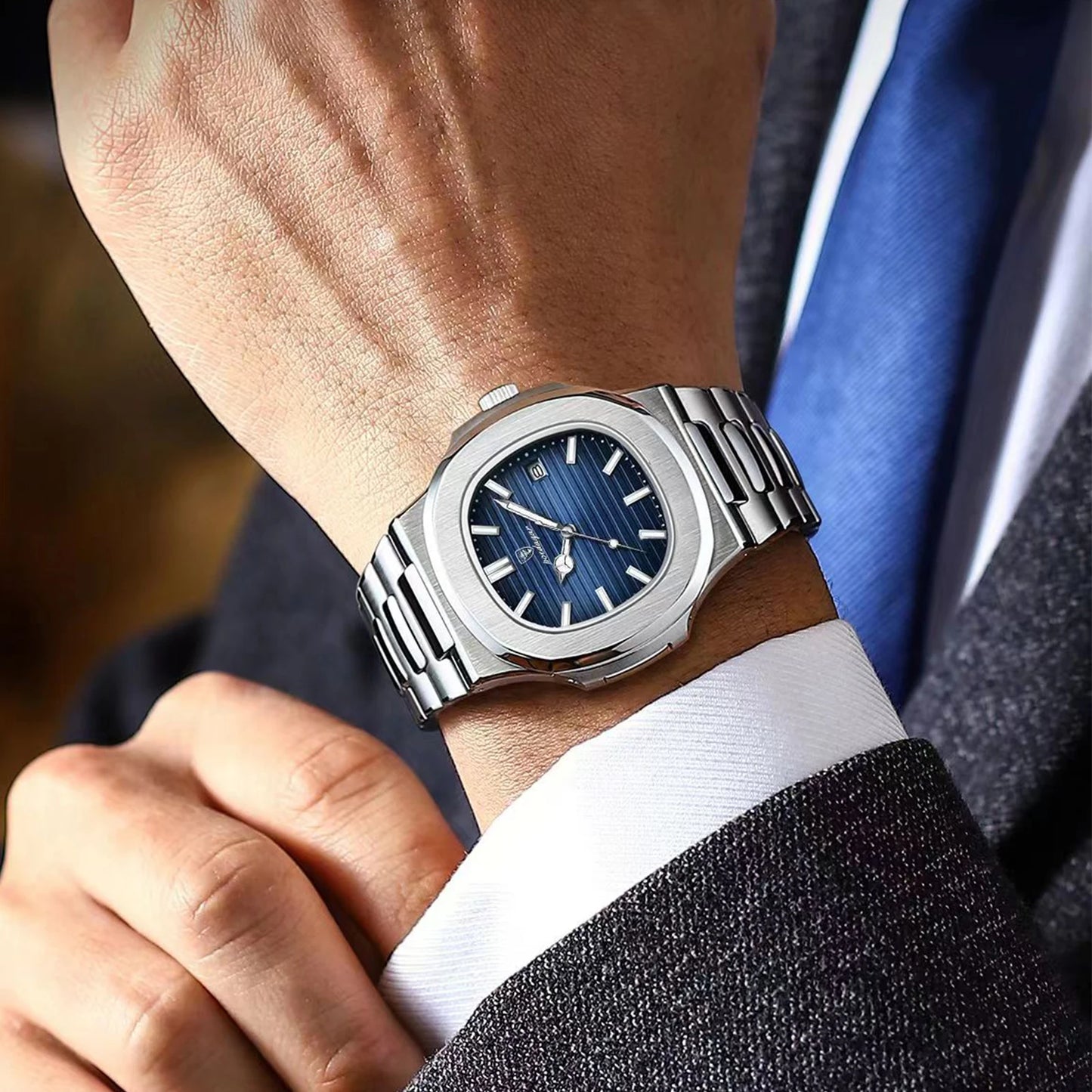 POEDAGAR Luxury Casual Watch Square Dial Stainless Steel