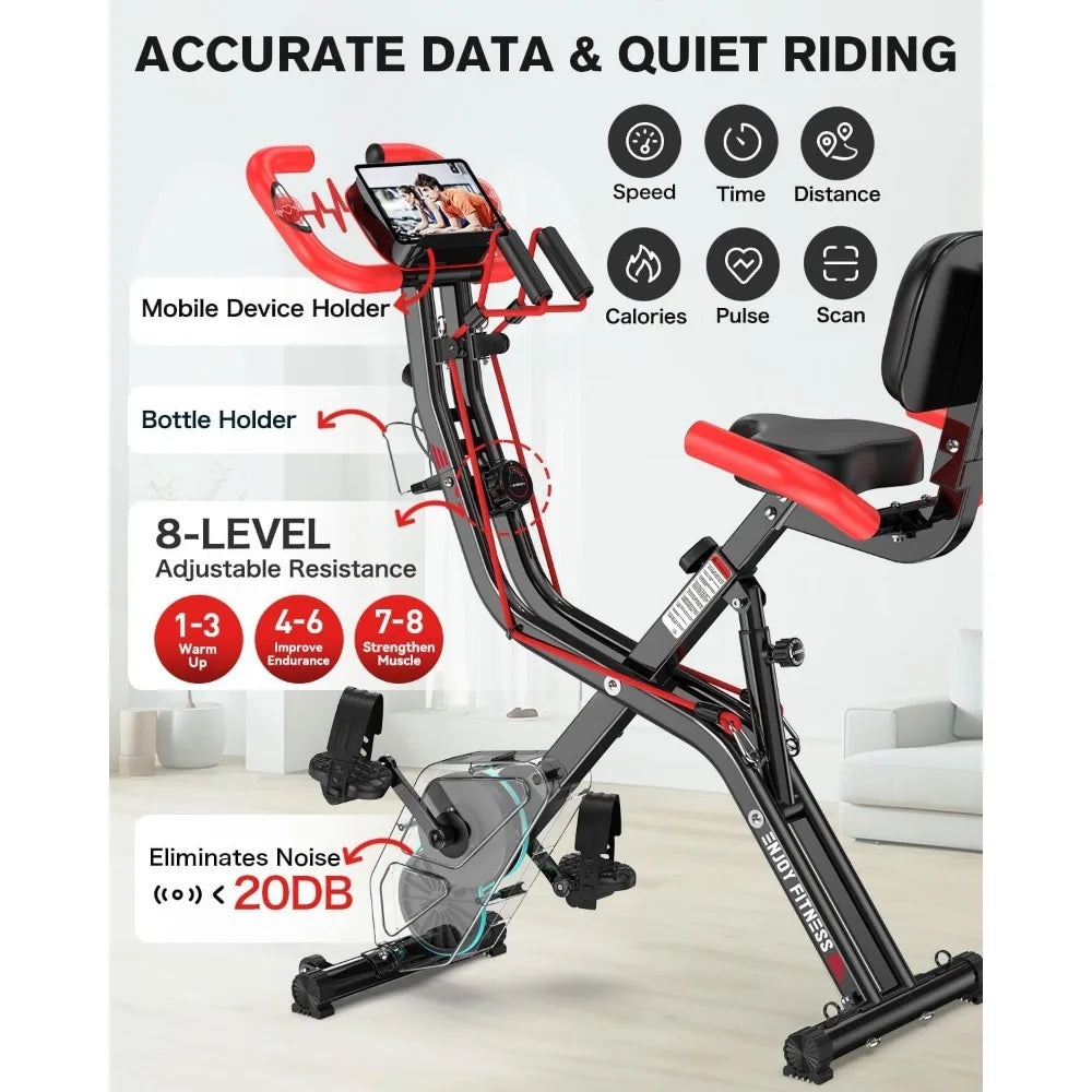 Folding Exercise Bike, Foldable Fitness Stationary Bike Machine, Upright Indoor Cycling Bike, Magnetic X-Bike with 8-Level Adju