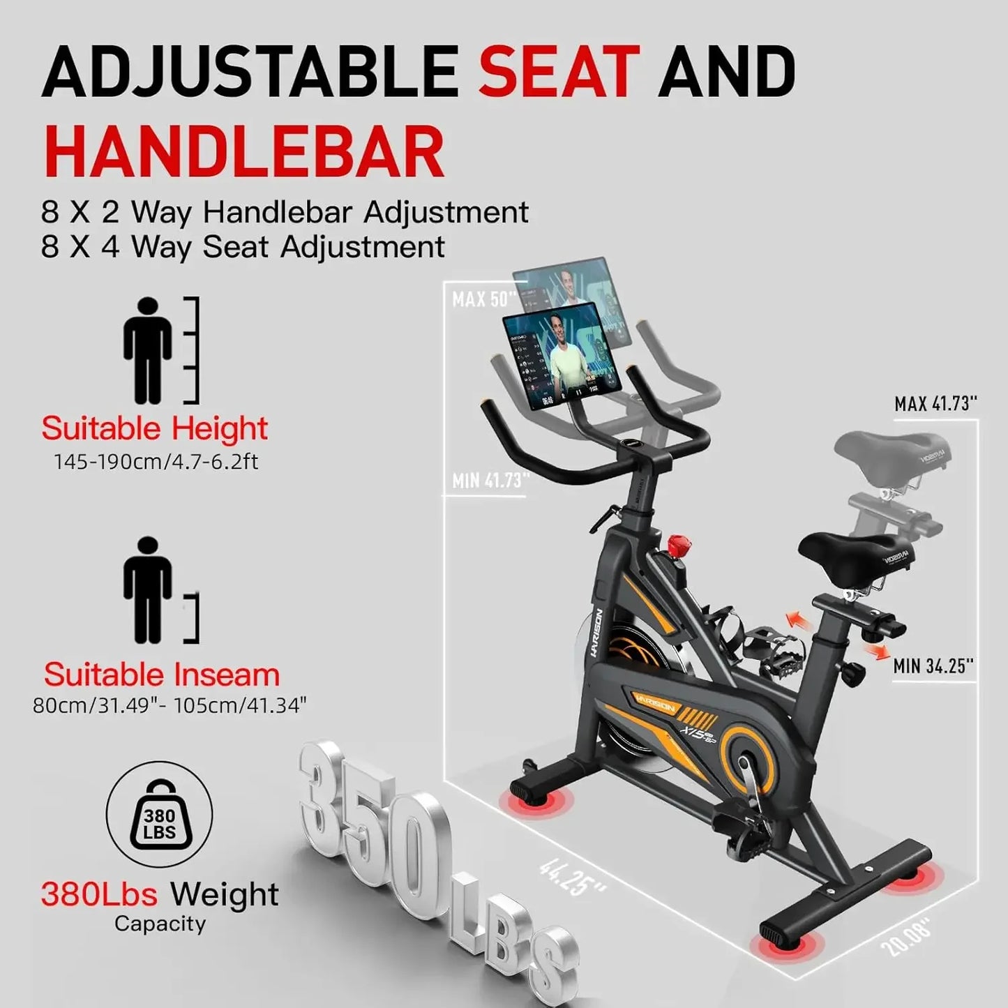 Exercise Bike, Stationary Bike for Home 350/380 lbs Weight Capacity, Magnetic Workout Bike with Bluetooth App, Brake Pad Indoor