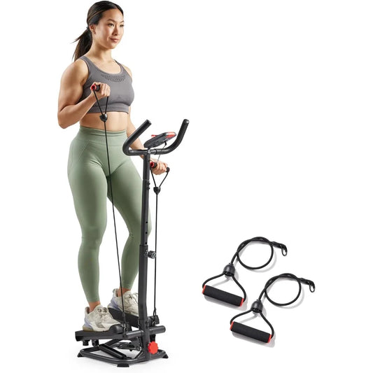 Sunny Health & Fitness Dual-Purpose Smart Stepper with Handlebar and Resistance Bands for Home Total Body Workouts