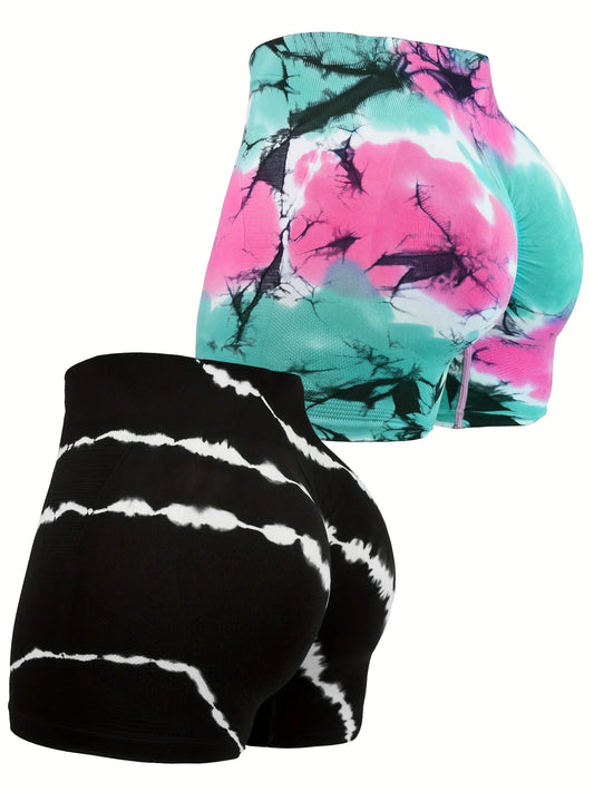 2pcs Women's High-Waisted Tummy Control Biker Shorts - Seamless, Slimming Athletic Gym & Yoga Pants in Vibrant Tie-Dye